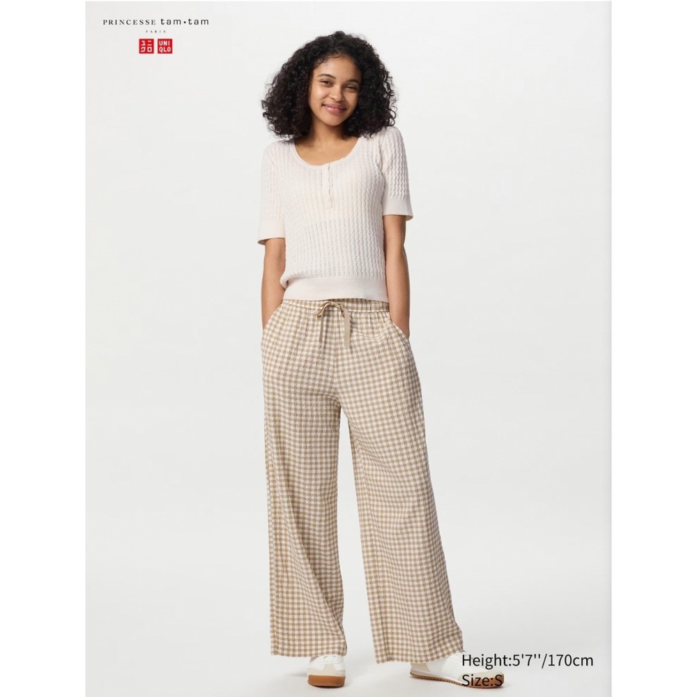 Uniqlo Princesse Tam Tam Seersucker Easy Pants Orange Gingham Check Small